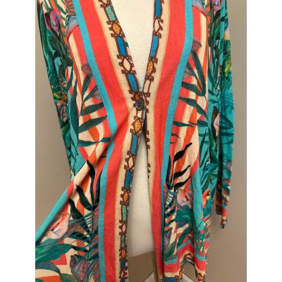 Johnny Was Tiana Swing Sweater Cardigan Single Button Teal Leopard Floral Sz S - Picture 3 of 8